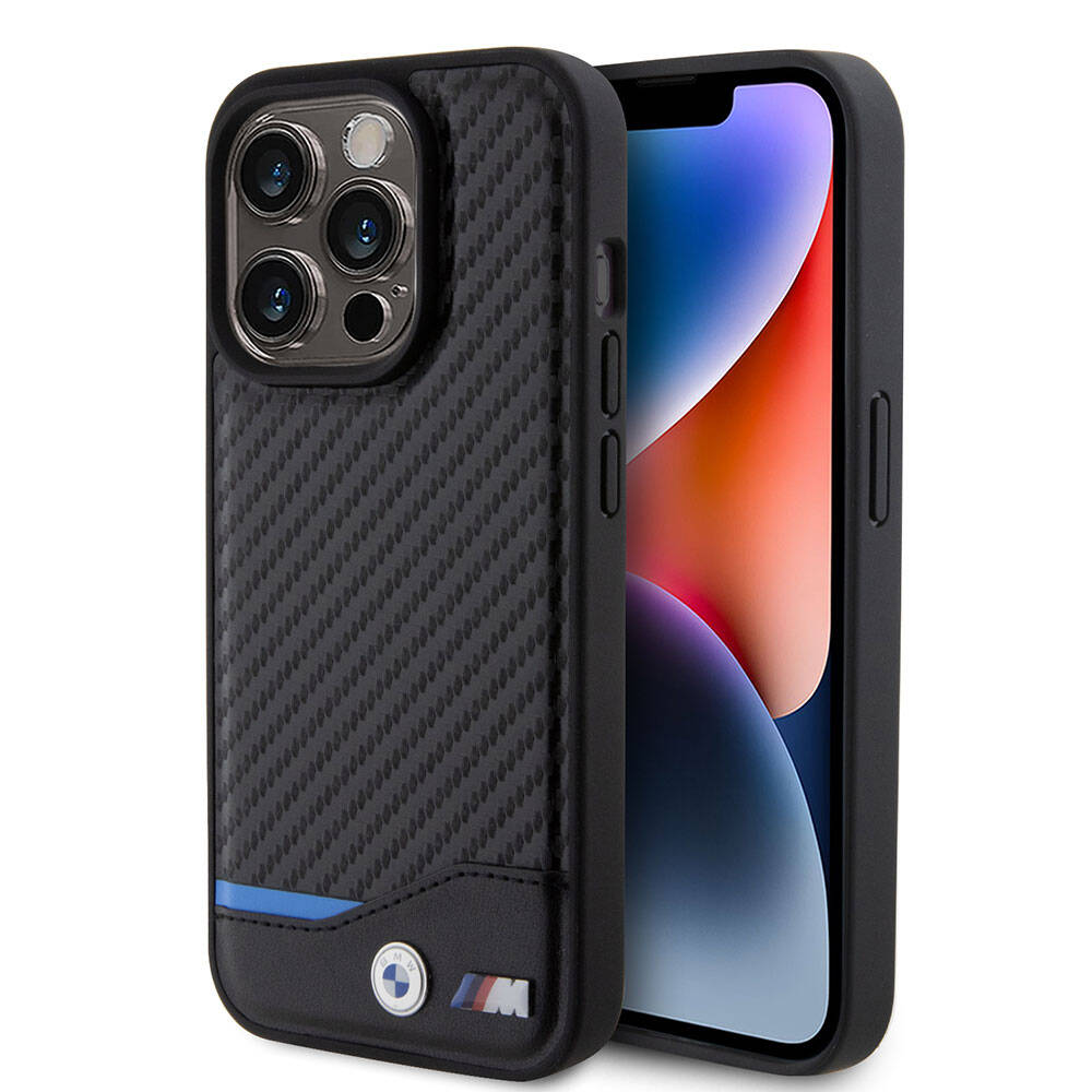 BMW iPhone 15 Pro Orjinal Lisanslı M-safe Şarj Özellikli M Logolu PU Karbon Telefon Kılıfı