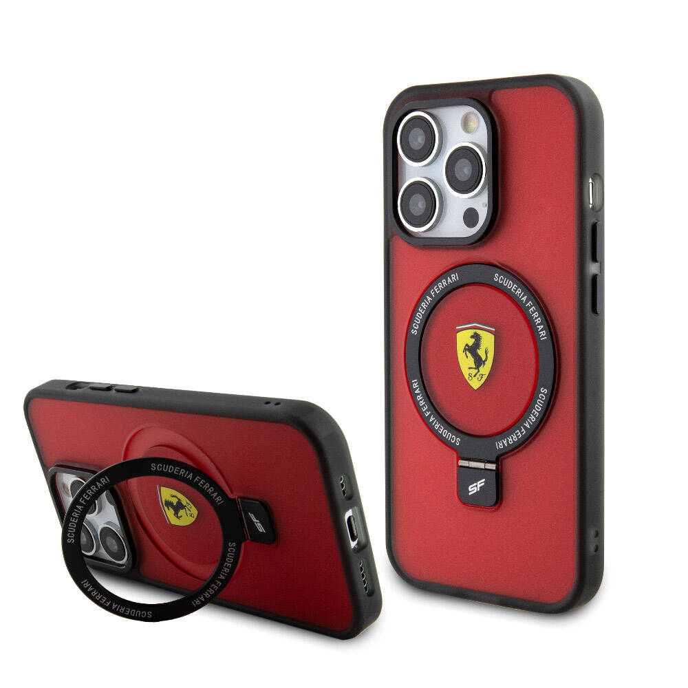 Ferrari iPhone 15 Pro M-safe Şarj Özellikli Standlı Buzlu Yüzey Dizayn Telefon Kılıfı