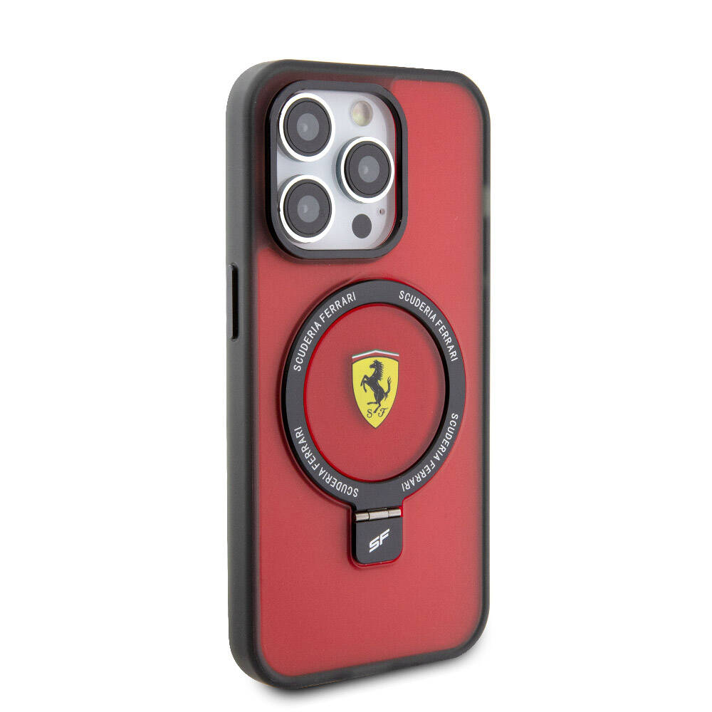 Ferrari iPhone 15 Pro M-safe Şarj Özellikli Standlı Buzlu Yüzey Dizayn Telefon Kılıfı