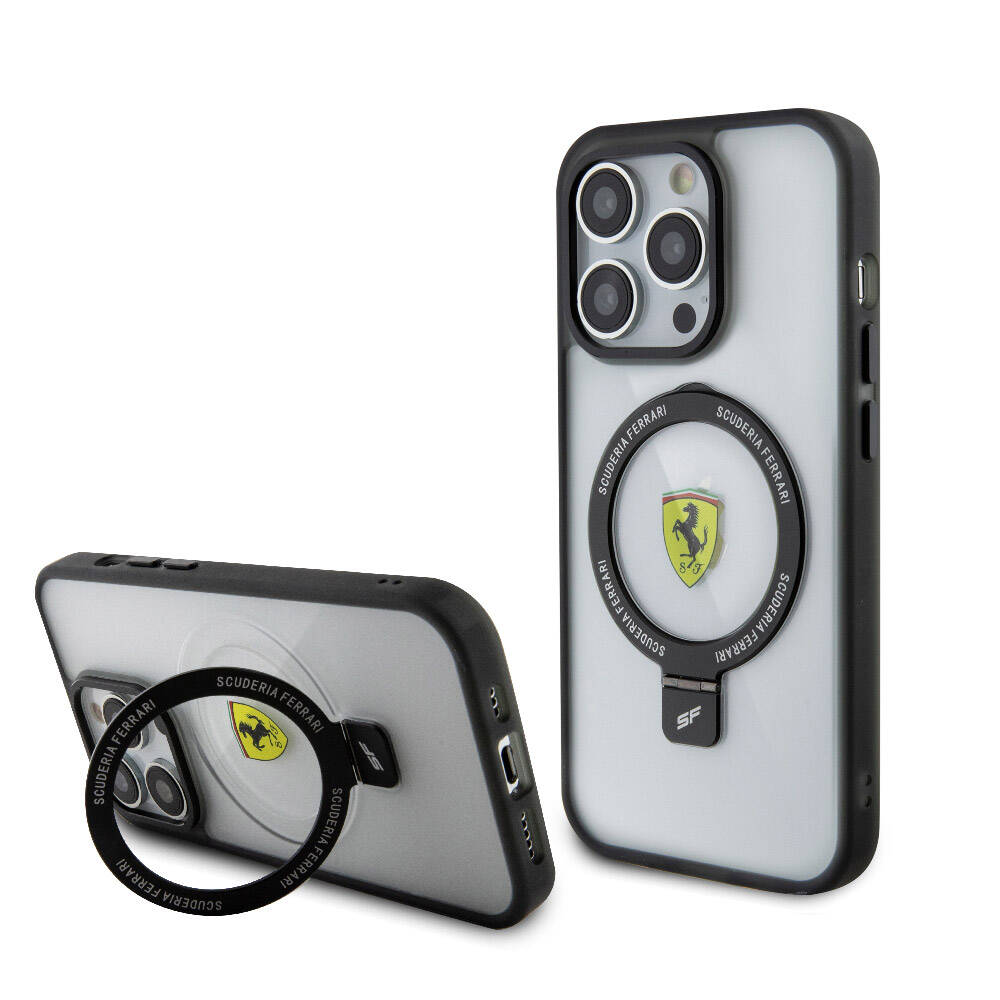 Ferrari iPhone 15 Pro M-safe Şarj Özellikli Standlı Buzlu Yüzey Dizayn Telefon Kılıfı