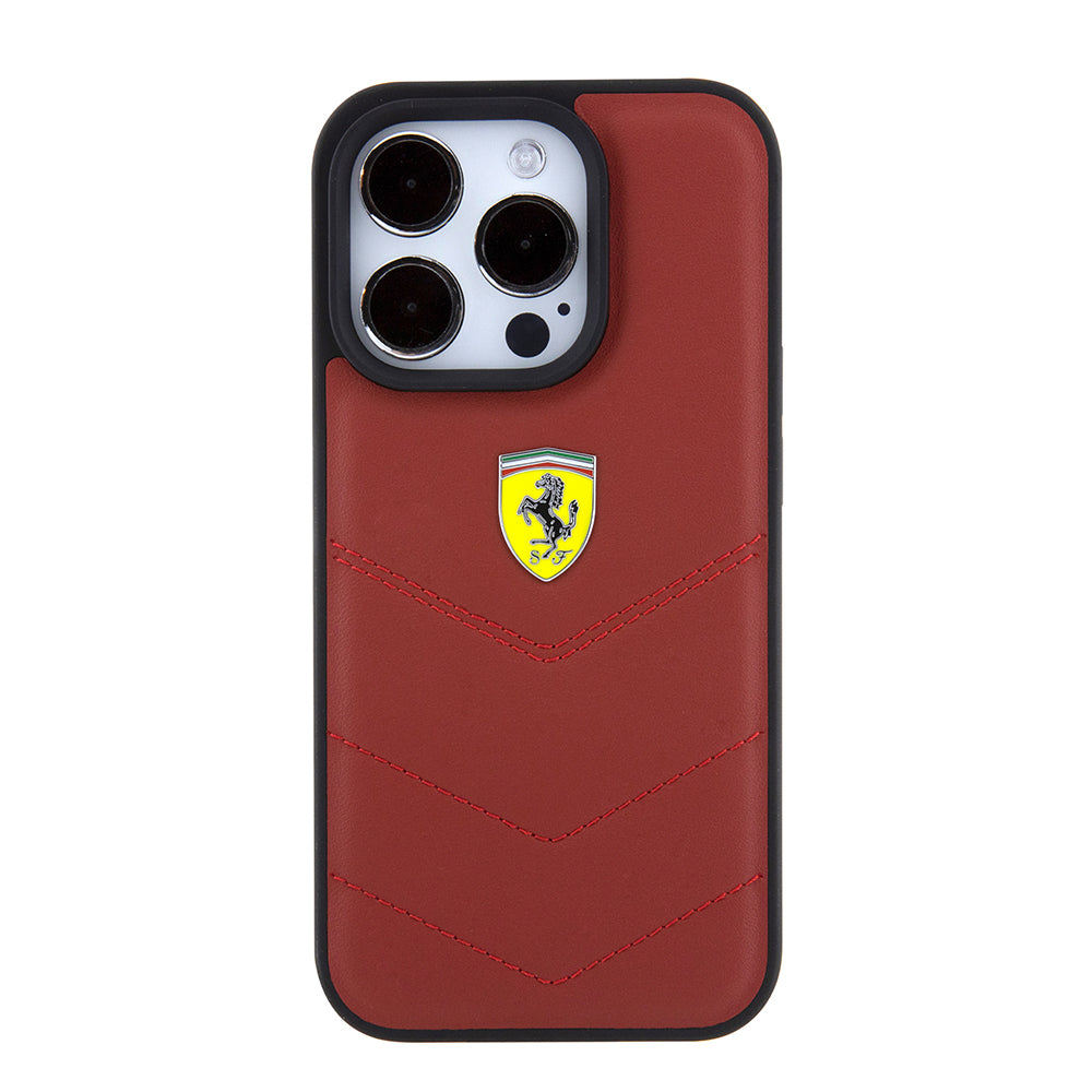 Ferrari iPhone 15 Pro Orjinal Lisanslı Deri Dikişli Arka Yüzey Metal Logo Tasarımlı Kılıf