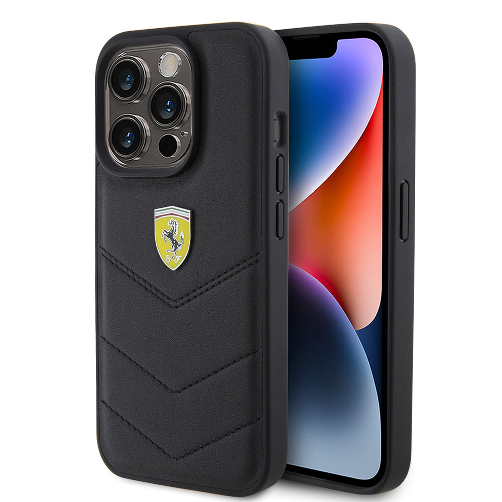 Ferrari iPhone 15 Pro Orjinal Lisanslı Deri Dikişli Arka Yüzey Metal Logo Tasarımlı Kılıf