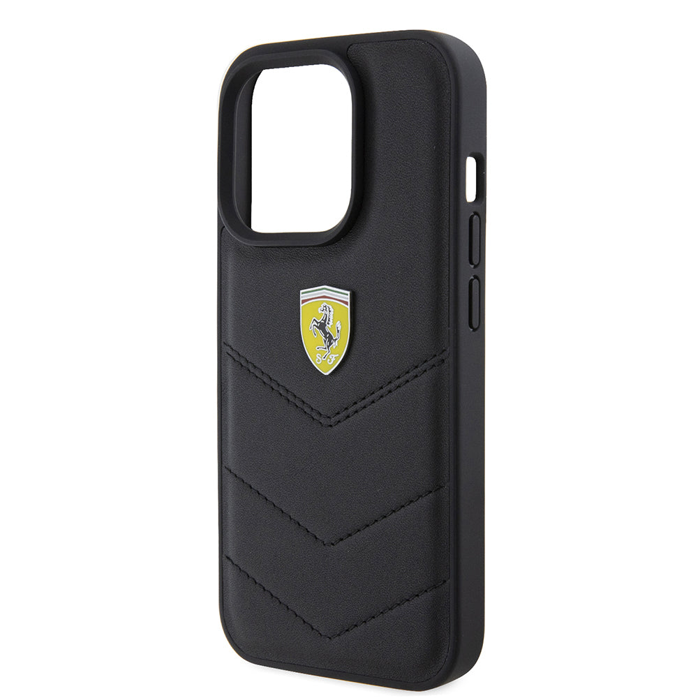 Ferrari iPhone 15 Pro Orjinal Lisanslı Deri Dikişli Arka Yüzey Metal Logo Tasarımlı Kılıf