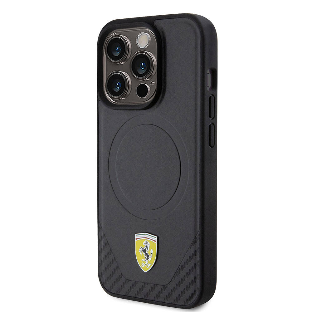 Ferrari iPhone 15 Pro Orjinal Lisanslı M-safe Şarj Özellikli Metal Logolu PU Karbon Kılıf