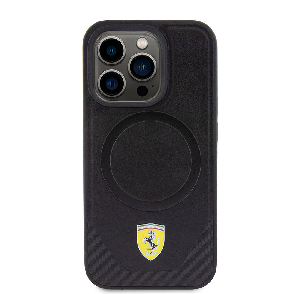 Ferrari iPhone 15 Pro Orjinal Lisanslı M-safe Şarj Özellikli Metal Logolu PU Karbon Kılıf