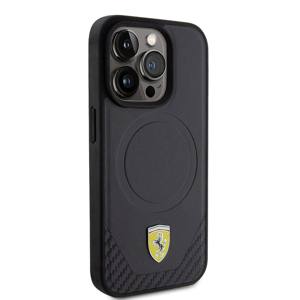 Ferrari iPhone 15 Pro Orjinal Lisanslı M-safe Şarj Özellikli Metal Logolu PU Karbon Kılıf