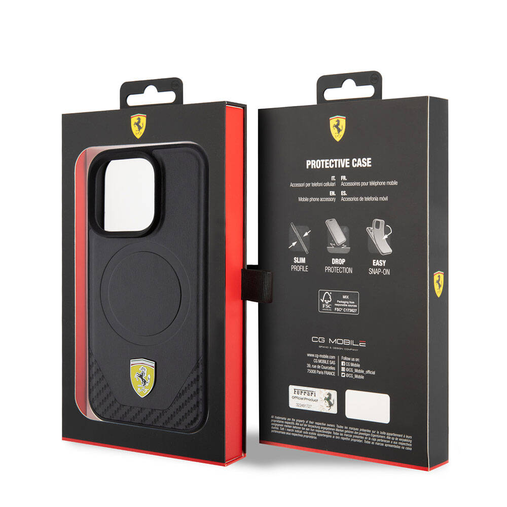 Ferrari iPhone 15 Pro Orjinal Lisanslı M-safe Şarj Özellikli Metal Logolu PU Karbon Kılıf