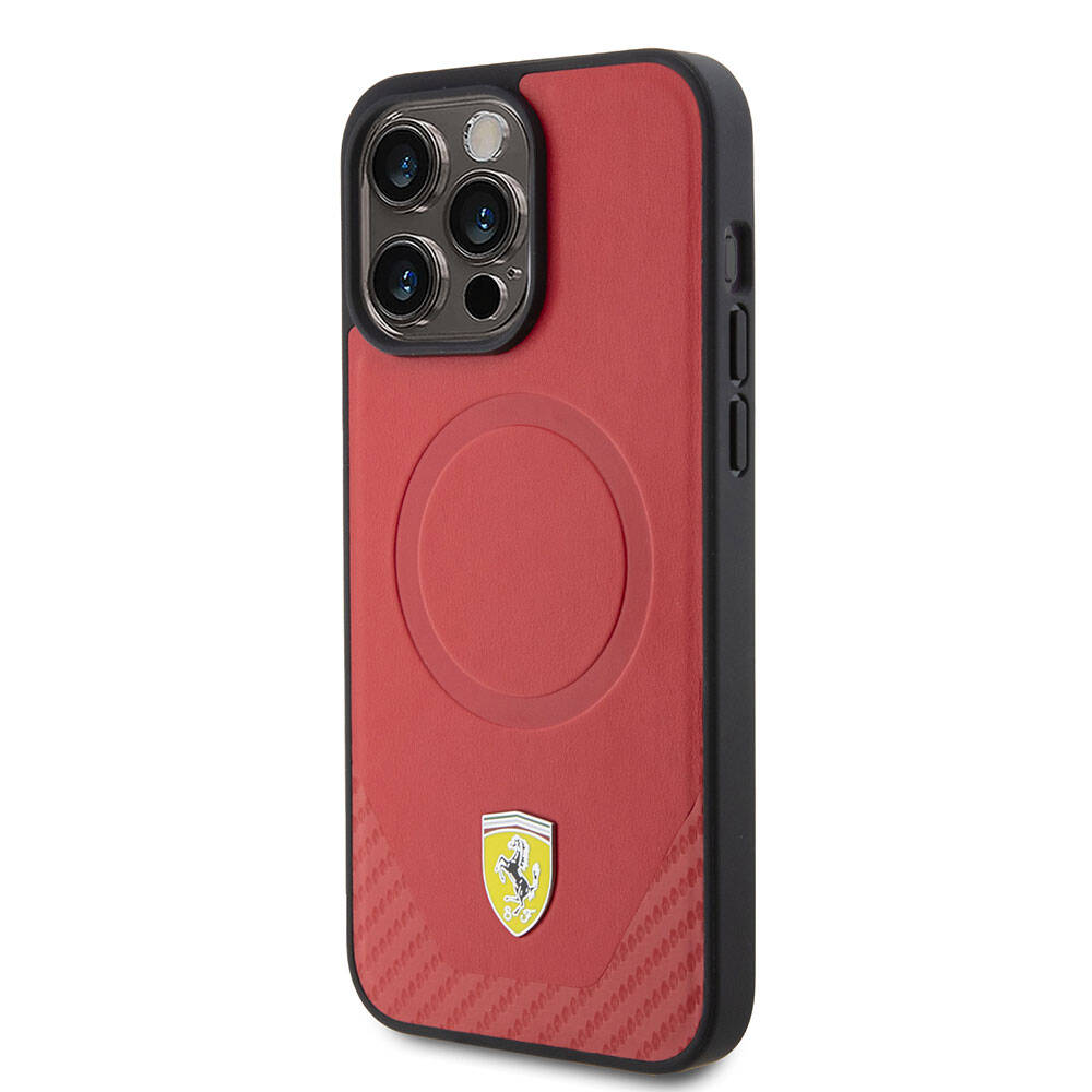 Ferrari iPhone 15 Pro Orjinal Lisanslı M-safe Şarj Özellikli Metal Logolu PU Karbon Kılıf