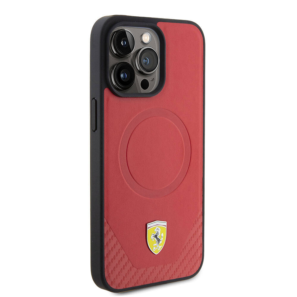Ferrari iPhone 15 Pro Orjinal Lisanslı M-safe Şarj Özellikli Metal Logolu PU Karbon Kılıf