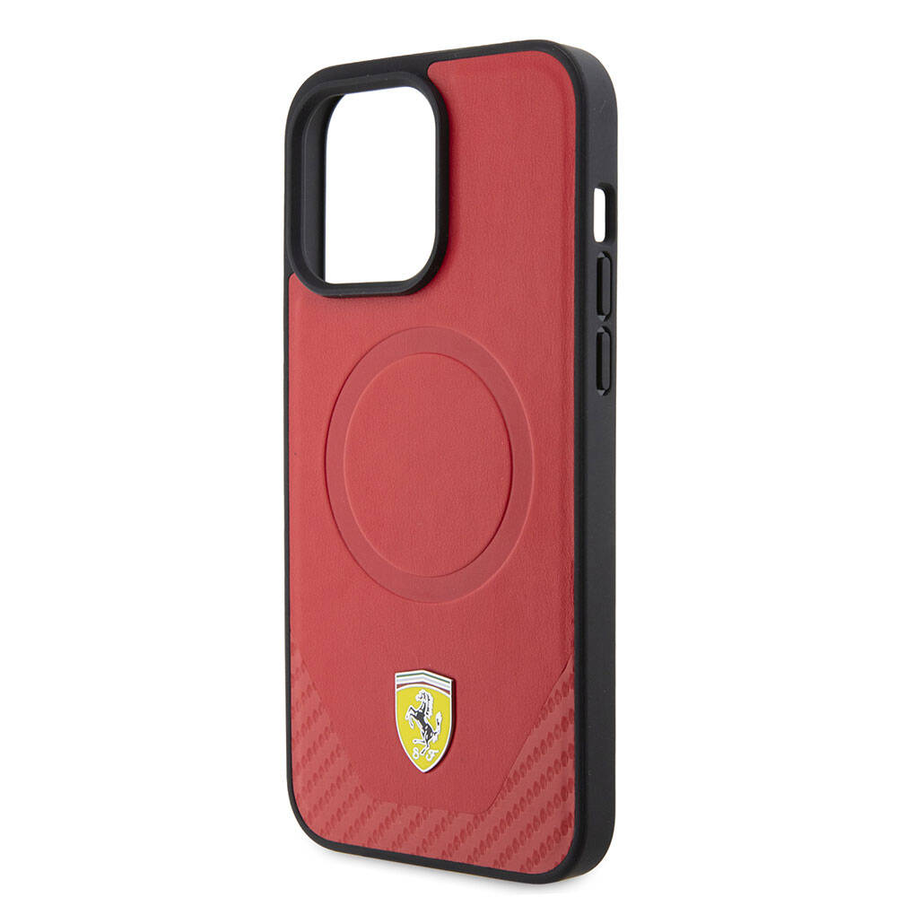 Ferrari iPhone 15 Pro Orjinal Lisanslı M-safe Şarj Özellikli Metal Logolu PU Karbon Kılıf