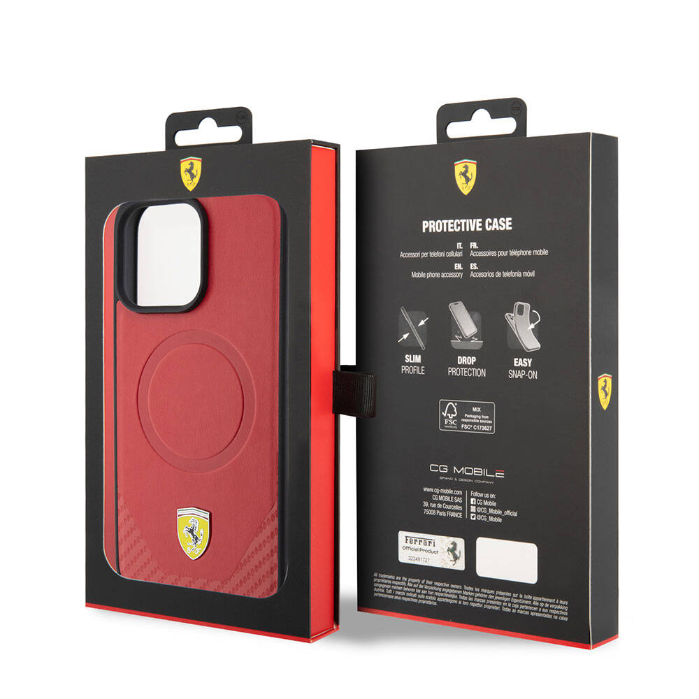 Ferrari iPhone 15 Pro Orjinal Lisanslı M-safe Şarj Özellikli Metal Logolu PU Karbon Kılıf