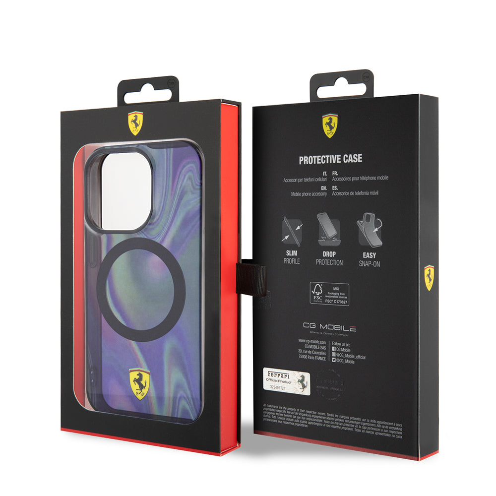 Ferrari iPhone 15 Pro Orjinal Lisanslı M-safe Şarj Özellikli Transparan Renk Geçişli Iridescent Kılıf