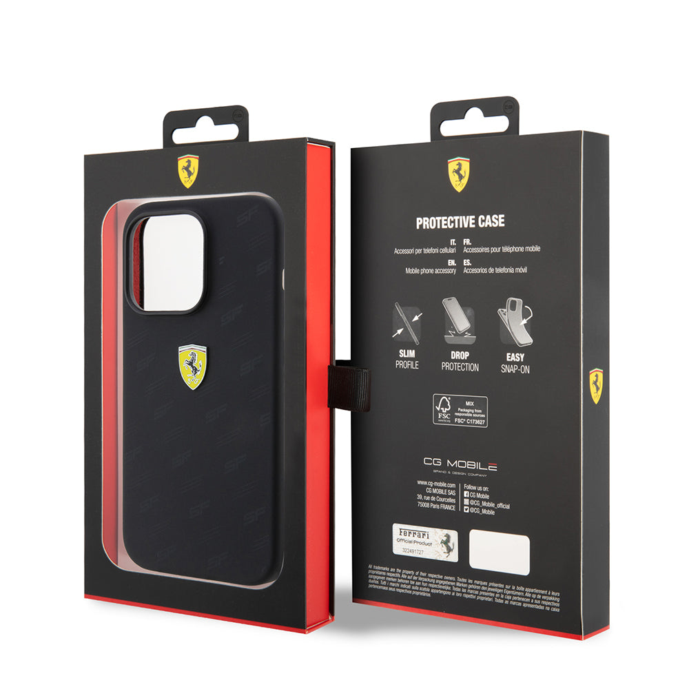 Ferrari iPhone 15 Pro Orjinal Lisanslı Metal Logolu SF Yazılı Telefon Kılıfı