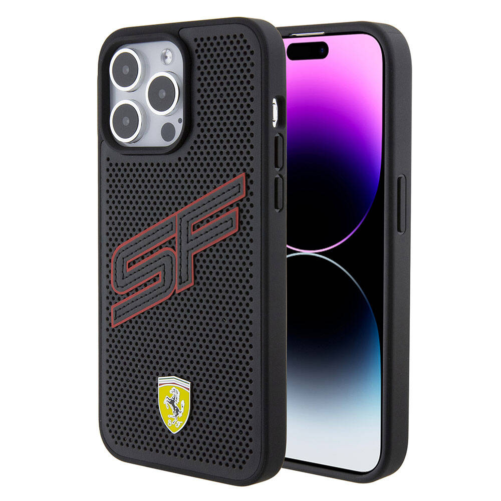 Ferrari iPhone 15 Pro Orjinal Lisanslı PU Delikli Arka Yüzey Metal Logolu Dikişli Büyük SF Yazılı Kılıf