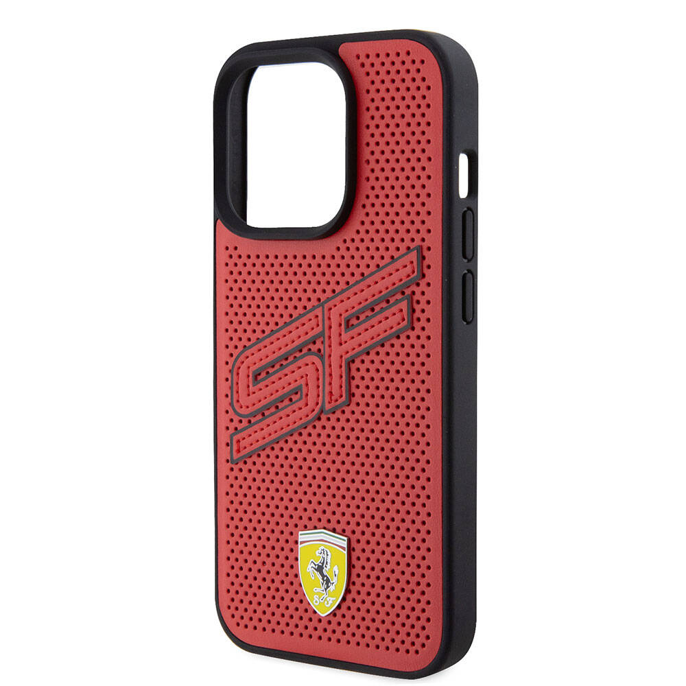 Ferrari iPhone 15 Pro Orjinal Lisanslı PU Delikli Arka Yüzey Metal Logolu Dikişli Büyük SF Yazılı Kılıf