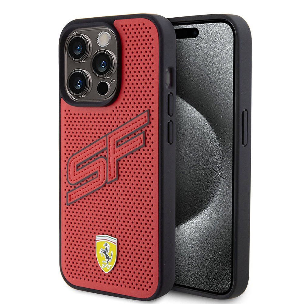 Ferrari iPhone 15 Pro Orjinal Lisanslı PU Delikli Arka Yüzey Metal Logolu Dikişli Büyük SF Yazılı Kılıf