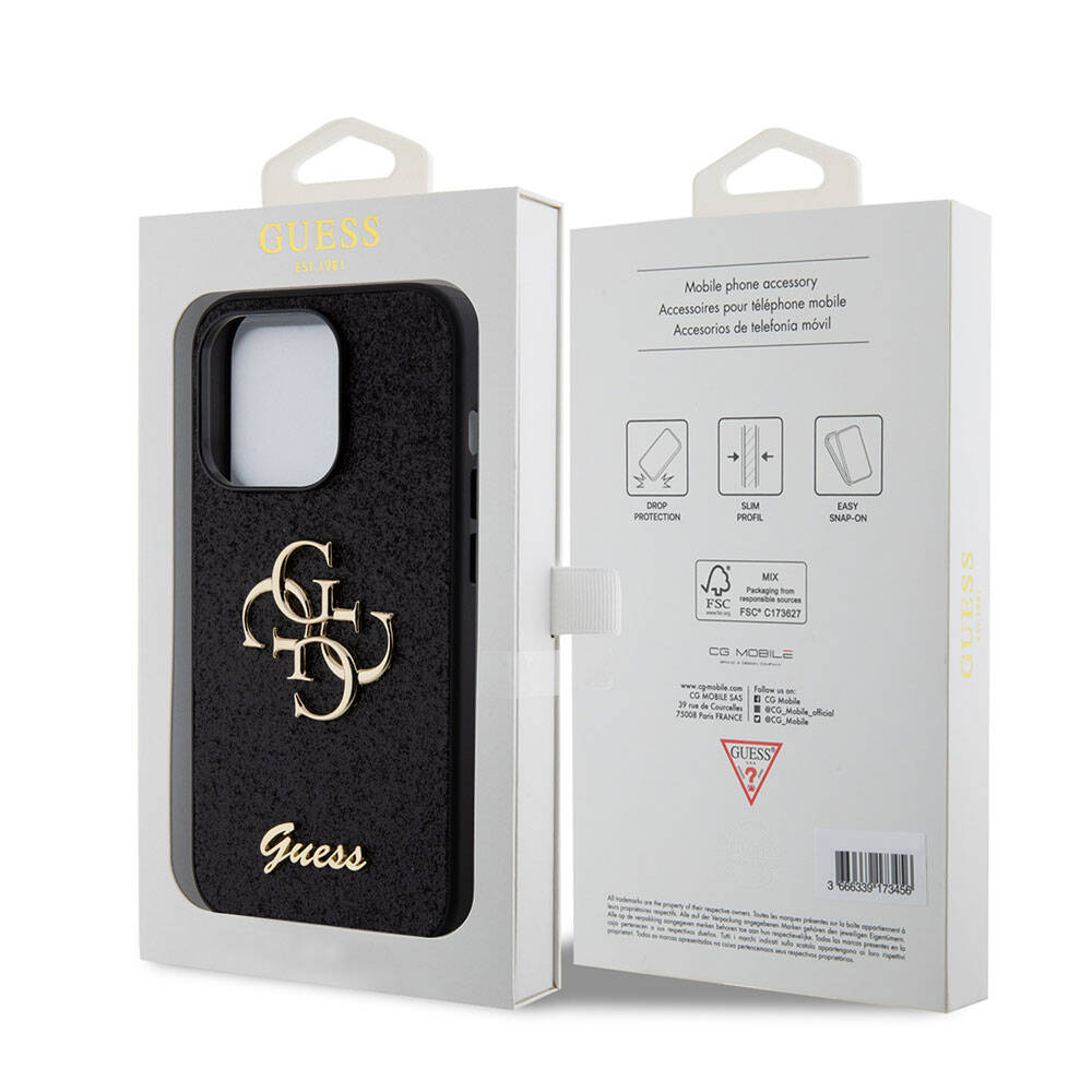 Guess iPhone 15 Pro Orjinal Lisanslı 4G Büyük Metal Logolu Glitter Telefon Kılıfı