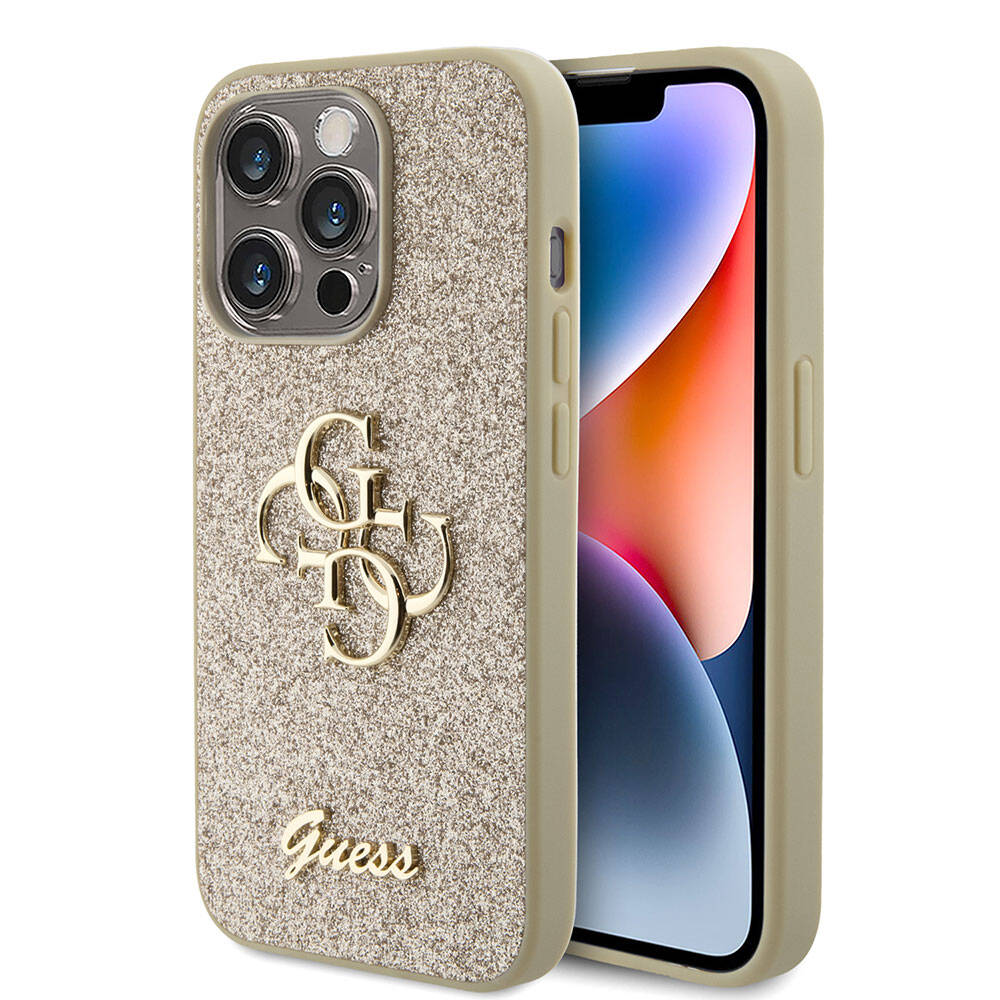 Guess iPhone 15 Pro Orjinal Lisanslı 4G Büyük Metal Logolu Glitter Telefon Kılıfı