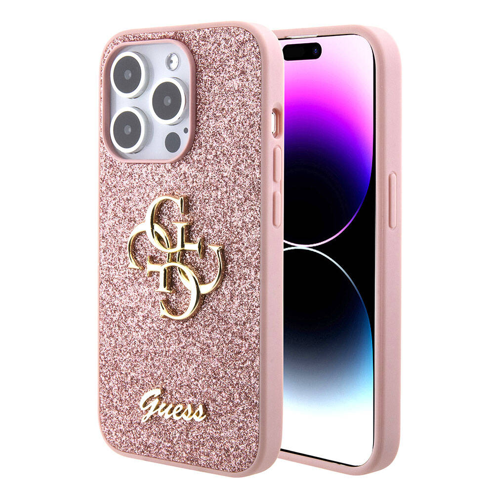 Guess iPhone 15 Pro Orjinal Lisanslı 4G Büyük Metal Logolu Glitter Telefon Kılıfı