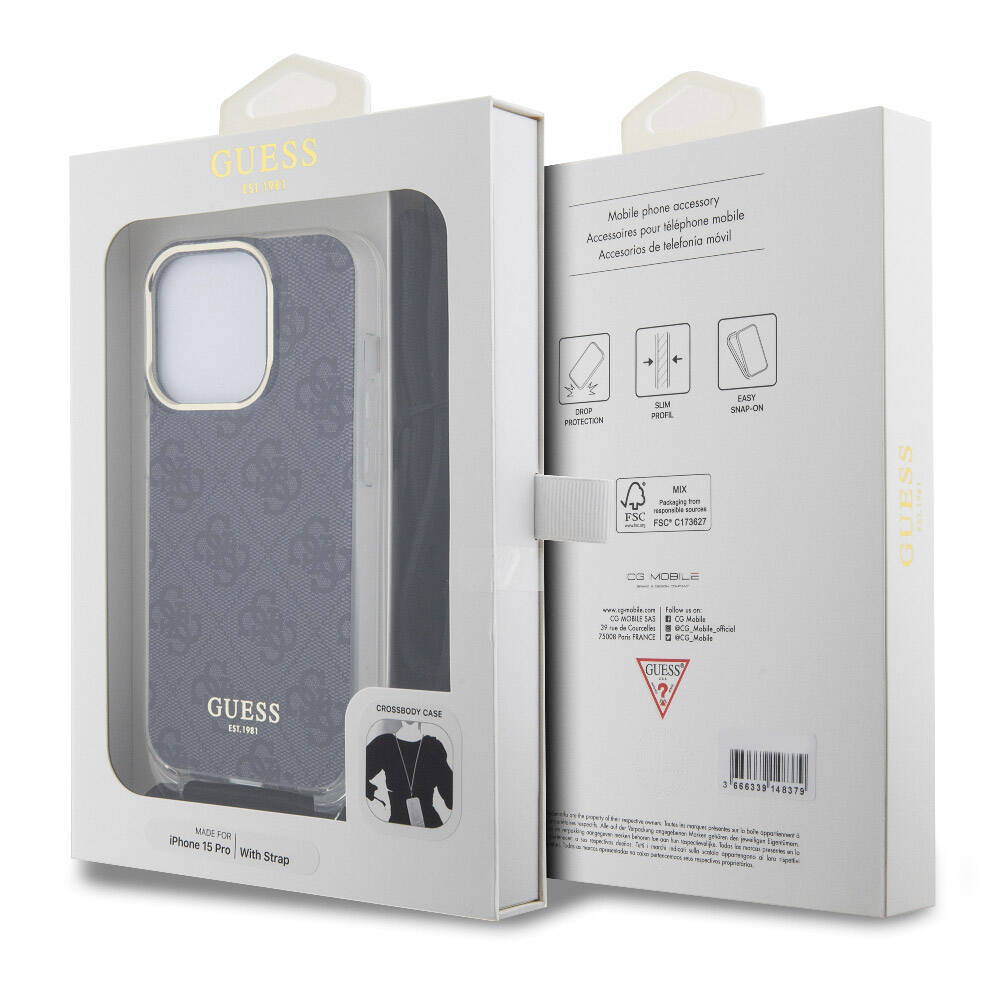 Guess iPhone 15 Pro Orjinal Lisanslı Çapraz Kordon 4G Desenli Kılıf
