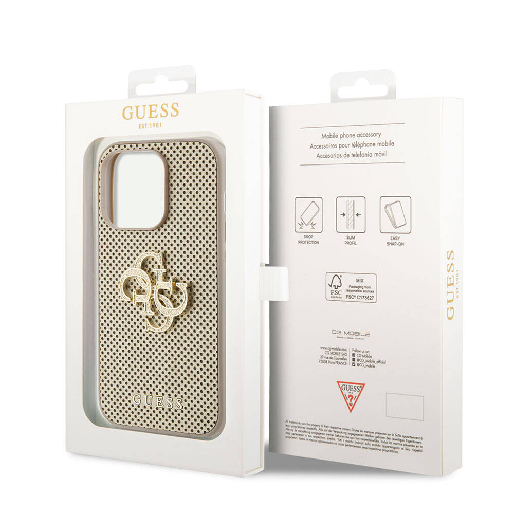Guess iPhone 15 Pro Orjinal Lisanslı Delikli Yazı ve 4G Glitter Büyük Metal Logolu Kılıf