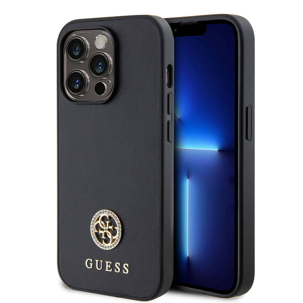 Guess iPhone 15 Pro Orjinal Lisanslı Deri 4G Metal Logo Strass Telefon Kılıfı