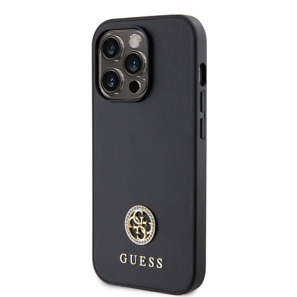 Guess iPhone 15 Pro Orjinal Lisanslı Deri 4G Metal Logo Strass Telefon Kılıfı