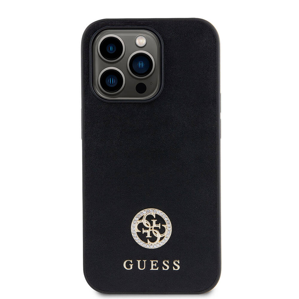 Guess iPhone 15 Pro Orjinal Lisanslı Deri 4G Metal Logo Strass Telefon Kılıfı