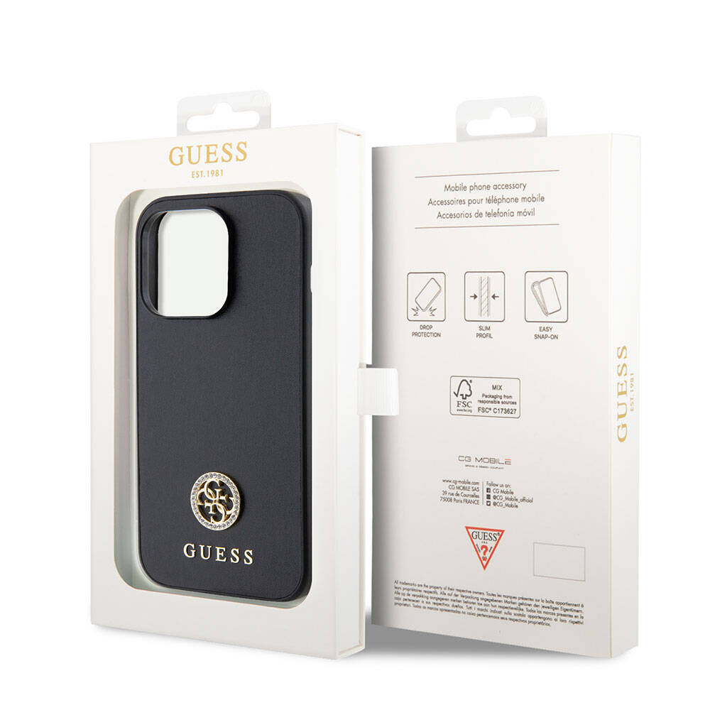 Guess iPhone 15 Pro Orjinal Lisanslı Deri 4G Metal Logo Strass Telefon Kılıfı