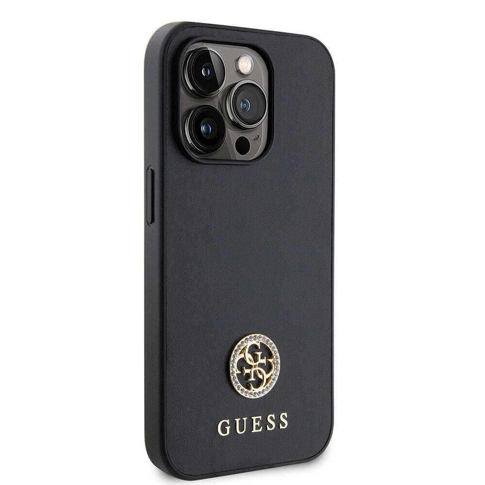 Guess iPhone 15 Pro Orjinal Lisanslı Deri 4G Metal Logo Strass Telefon Kılıfı