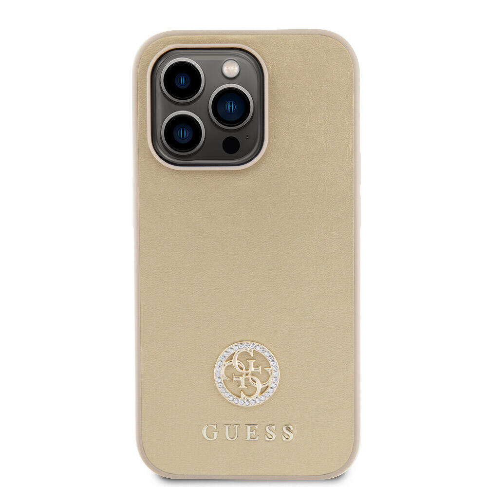 Guess iPhone 15 Pro Orjinal Lisanslı Deri 4G Metal Logo Strass Telefon Kılıfı