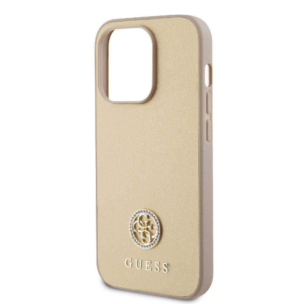 Guess iPhone 15 Pro Orjinal Lisanslı Deri 4G Metal Logo Strass Telefon Kılıfı