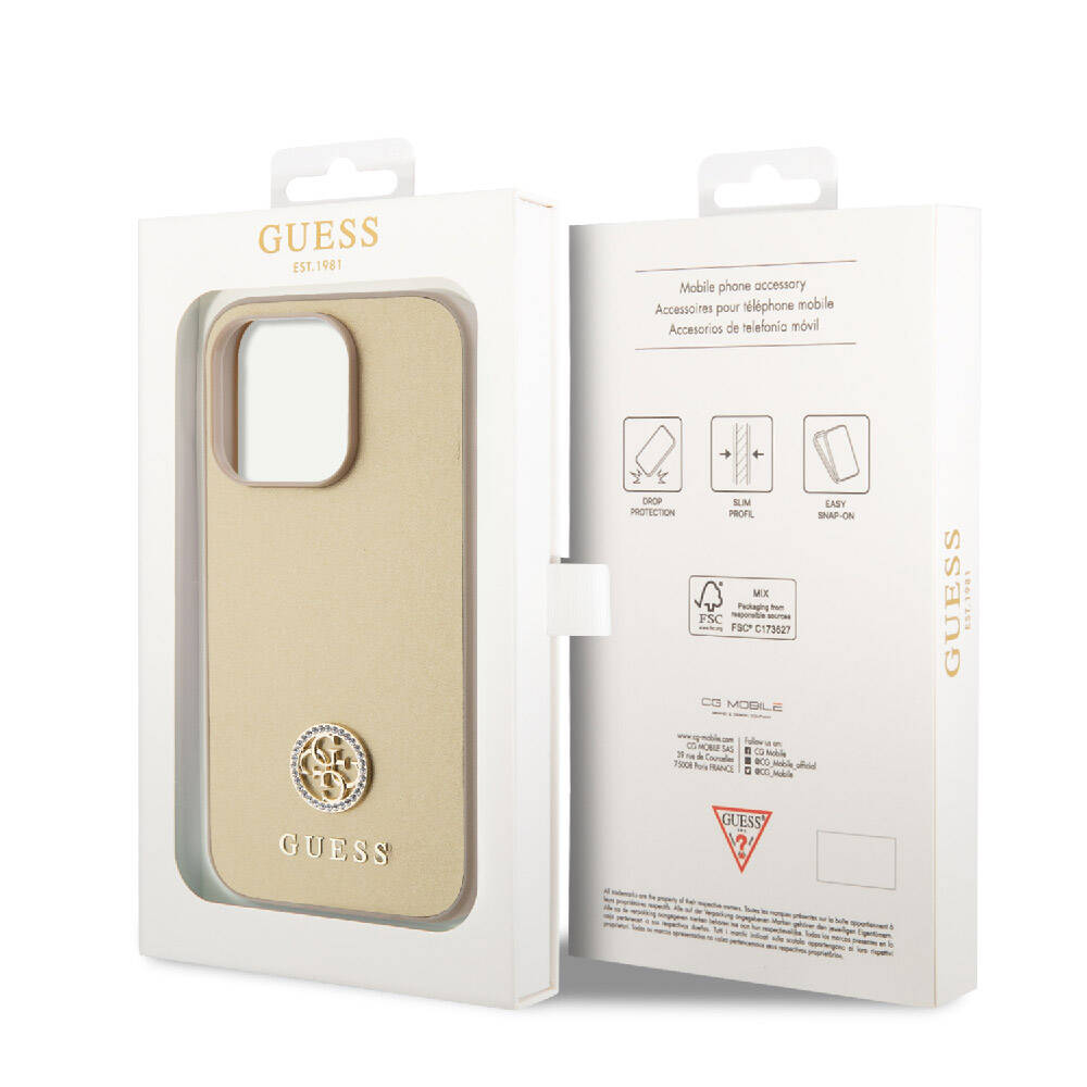 Guess iPhone 15 Pro Orjinal Lisanslı Deri 4G Metal Logo Strass Telefon Kılıfı