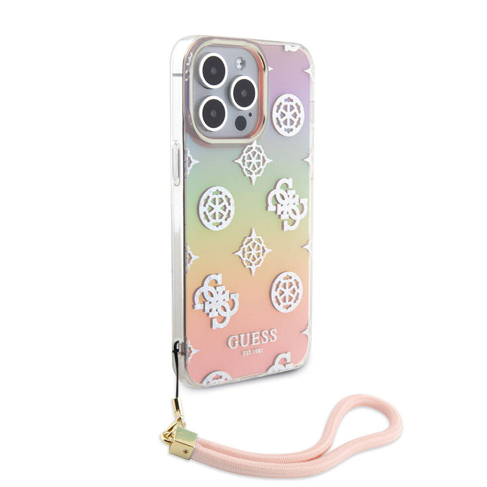 Guess iPhone 15 Pro Orjinal Lisanslı Desenli Yazı Logolu Askı İpli Holografik Glitter Peony Telefon Kılıfı - 1
