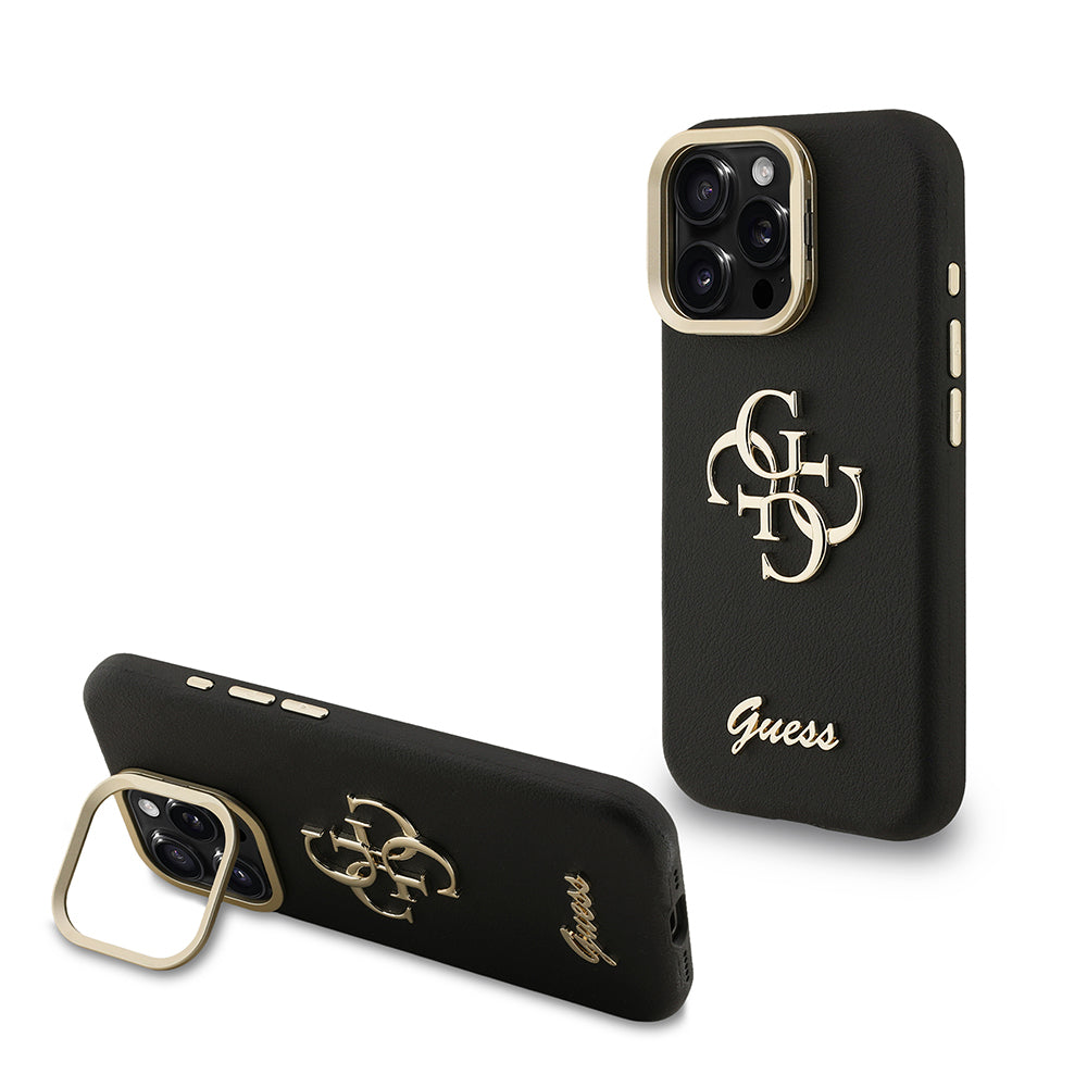 Guess iPhone 15 Pro Orjinal Lisanslı Grained Yazı Logolu Kamera Standlı Kılıf