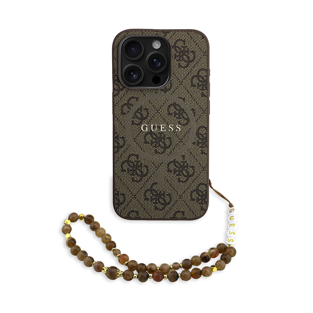 Guess iPhone 15 Pro Orjinal Lisanslı Magsafe PU Deri Bilek Askı İpli Yazı Logolu Telefon Kılıfı