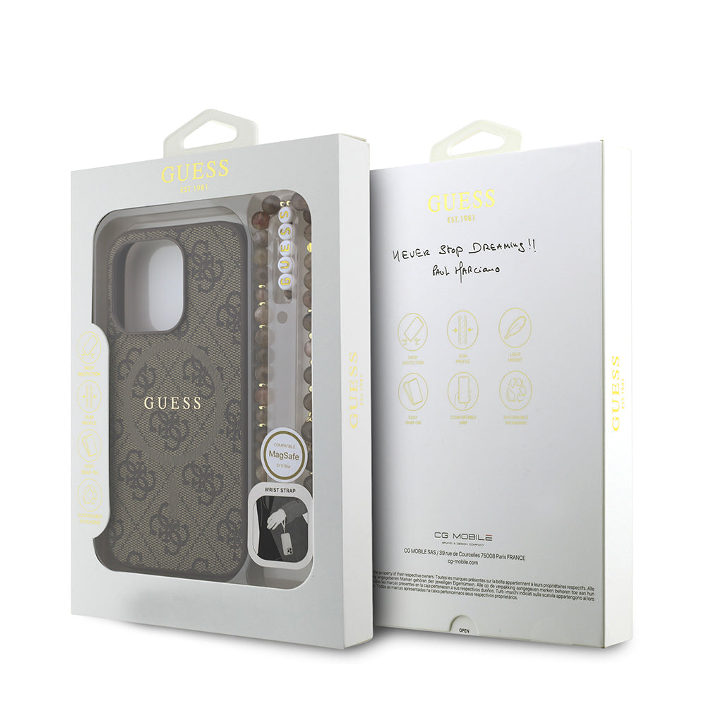 Guess iPhone 15 Pro Orjinal Lisanslı Magsafe PU Deri Bilek Askı İpli Yazı Logolu Telefon Kılıfı
