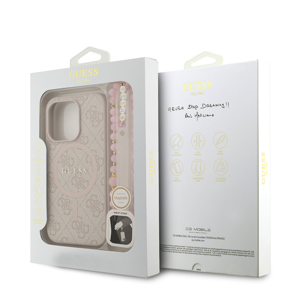 Guess iPhone 15 Pro Orjinal Lisanslı Magsafe PU Deri Bilek Askı İpli Yazı Logolu Telefon Kılıfı