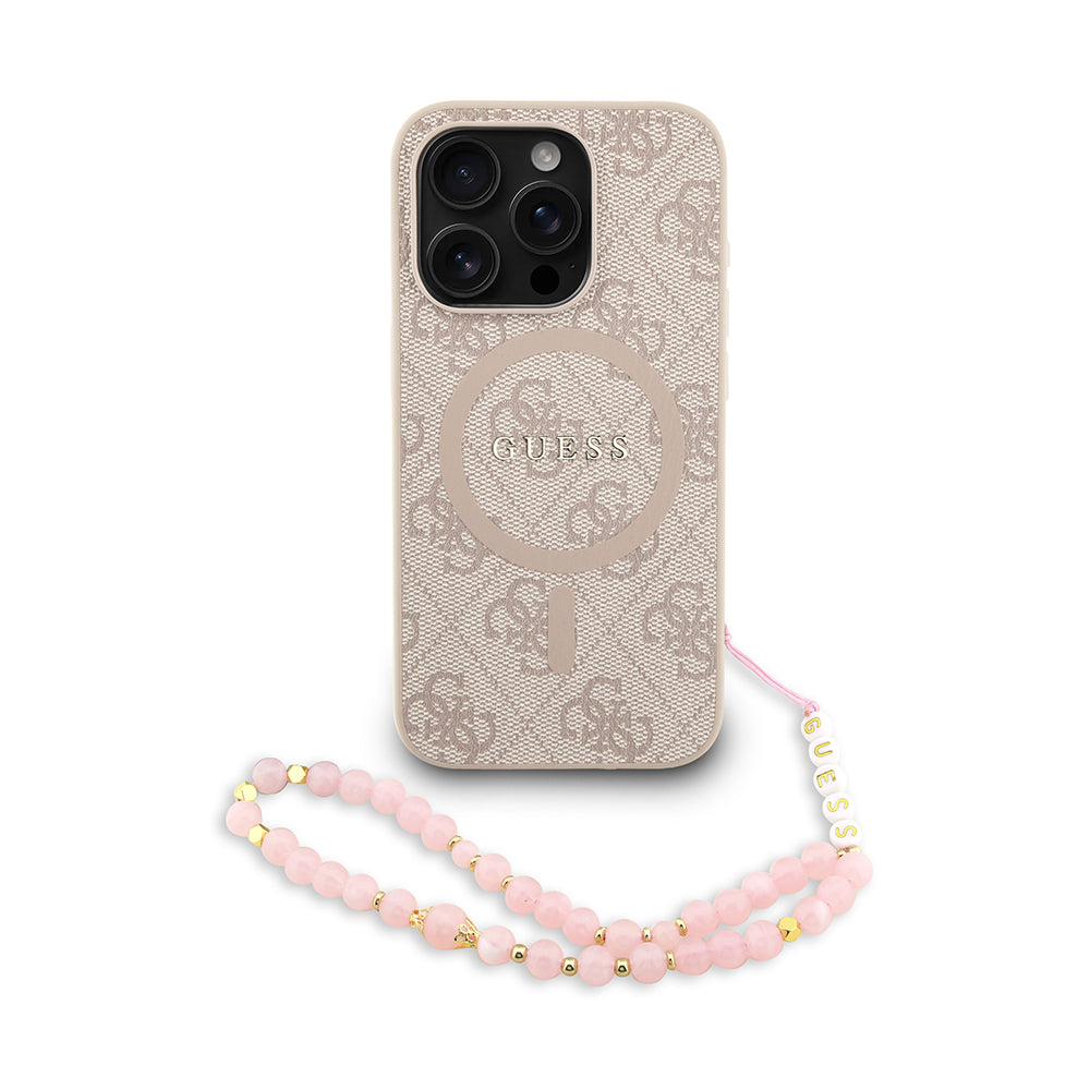 Guess iPhone 15 Pro Orjinal Lisanslı Magsafe PU Deri Bilek Askı İpli Yazı Logolu Telefon Kılıfı