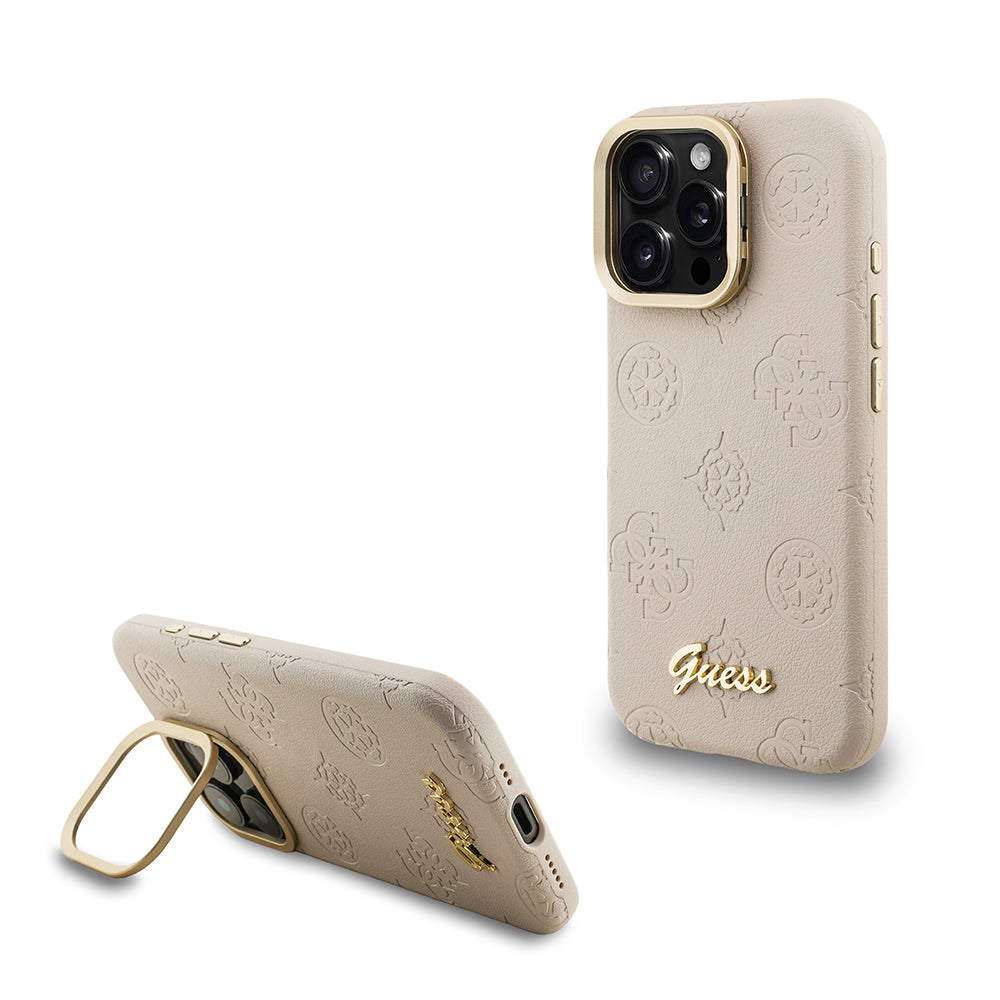 Guess iPhone 15 Pro Orjinal Lisanslı Magsafe Sıcak Baskılı Yazı Logolu Kamera Standlı PU Deri Peony Telefon Kılıfı
