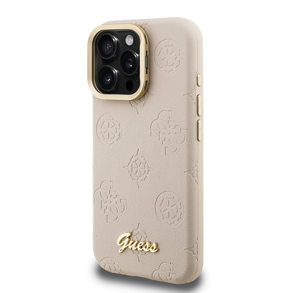 Guess iPhone 15 Pro Orjinal Lisanslı Magsafe Sıcak Baskılı Yazı Logolu Kamera Standlı PU Deri Peony Telefon Kılıfı