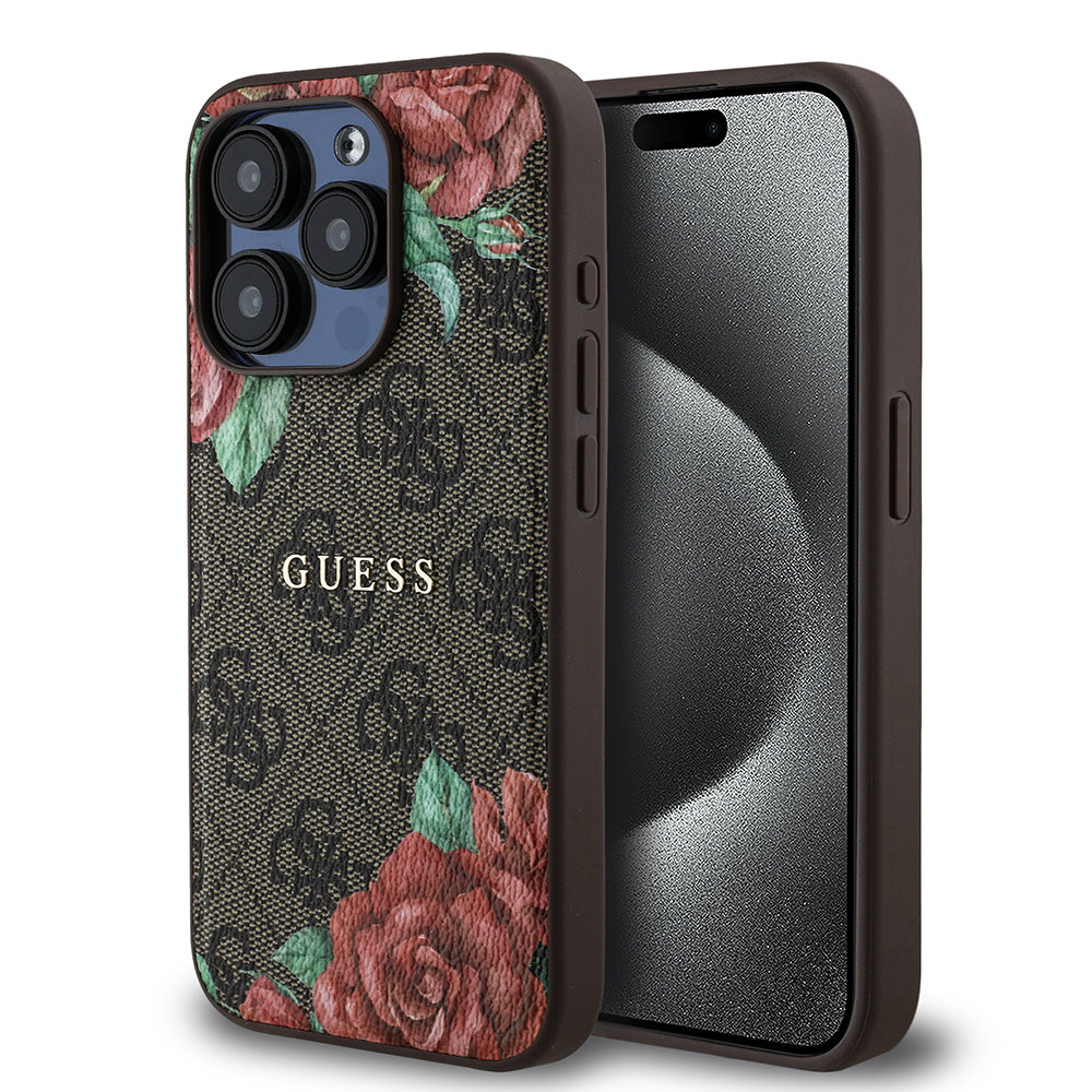 Guess iPhone 15 Pro Orjinal Lisanslı M-safe Şarj Özellikli Gül Baskılı 4G Desenli Yazı Logolu Kılıf