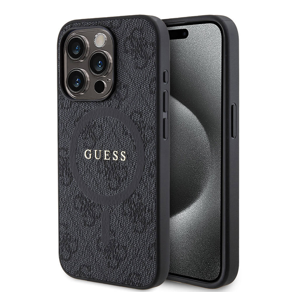 Guess iPhone 15 Pro Orjinal Lisanslı M-safe Şarj Özellikli PU Halkalı 4G Desenli Yazı Logolu Kılıf