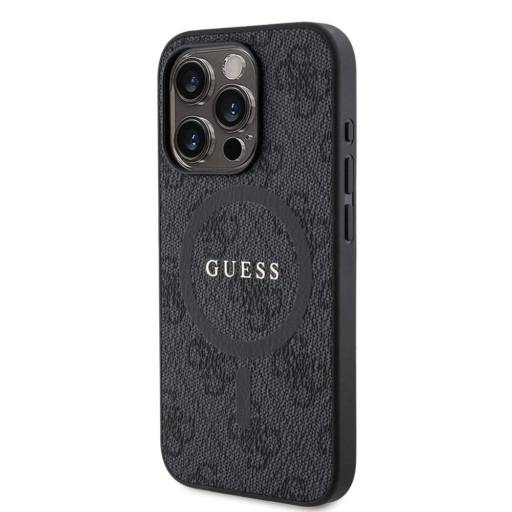 Guess iPhone 15 Pro Orjinal Lisanslı M-safe Şarj Özellikli PU Halkalı 4G Desenli Yazı Logolu Kılıf