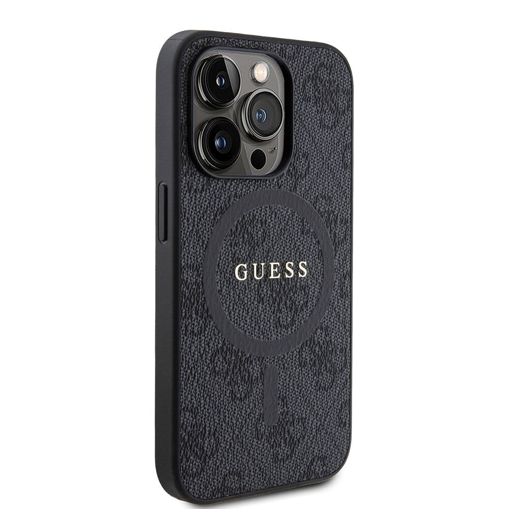 Guess iPhone 15 Pro Orjinal Lisanslı M-safe Şarj Özellikli PU Halkalı 4G Desenli Yazı Logolu Kılıf