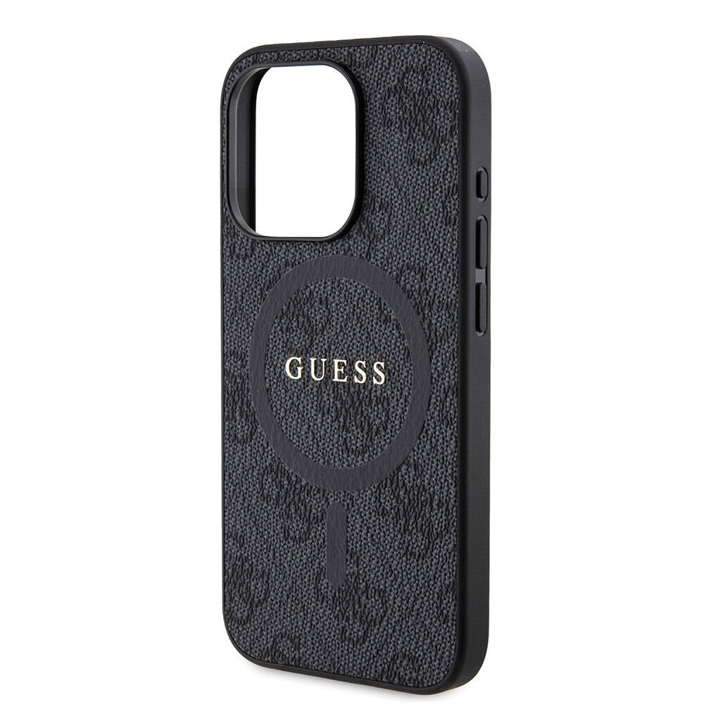 Guess iPhone 15 Pro Orjinal Lisanslı M-safe Şarj Özellikli PU Halkalı 4G Desenli Yazı Logolu Kılıf