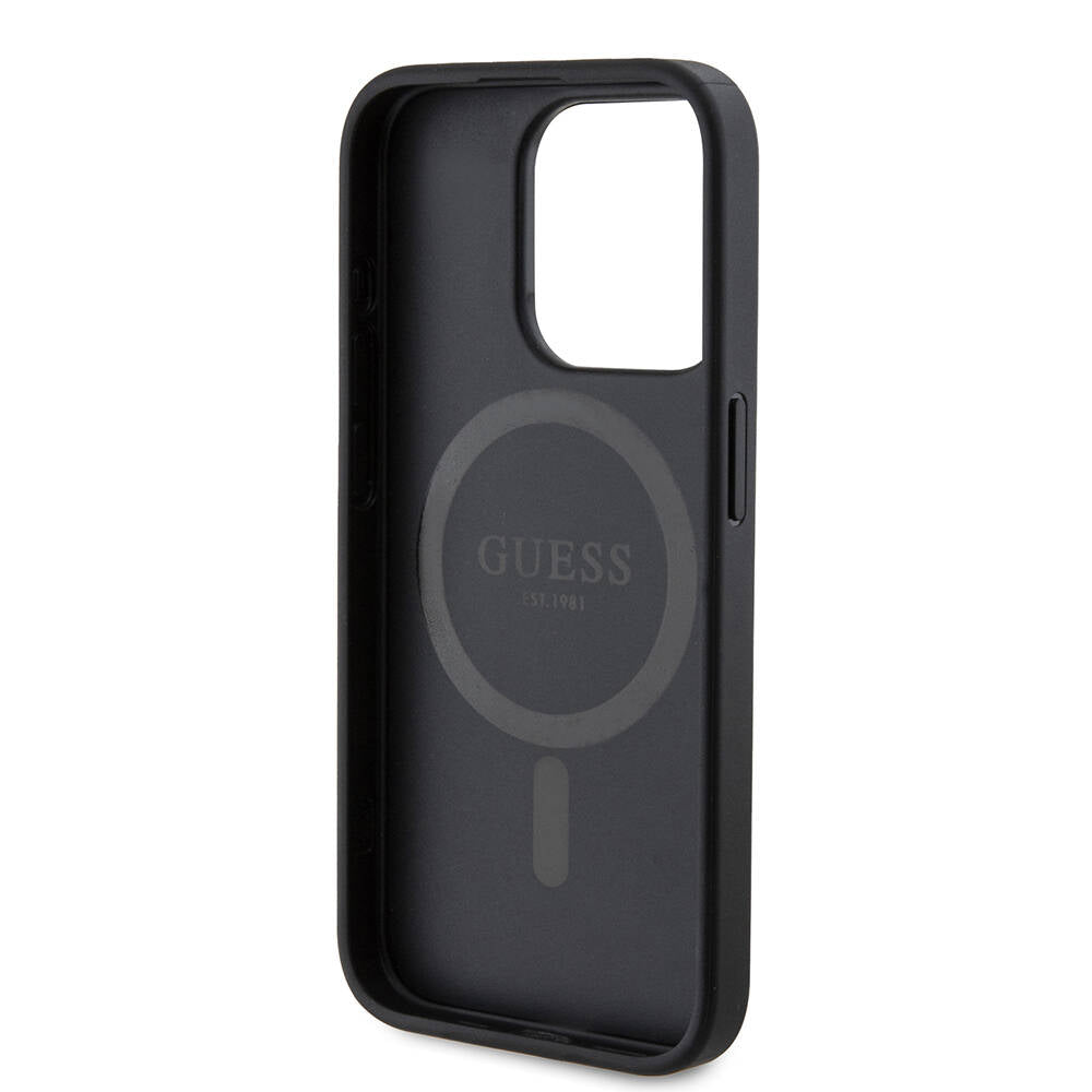 Guess iPhone 15 Pro Orjinal Lisanslı M-safe Şarj Özellikli PU Halkalı 4G Desenli Yazı Logolu Kılıf