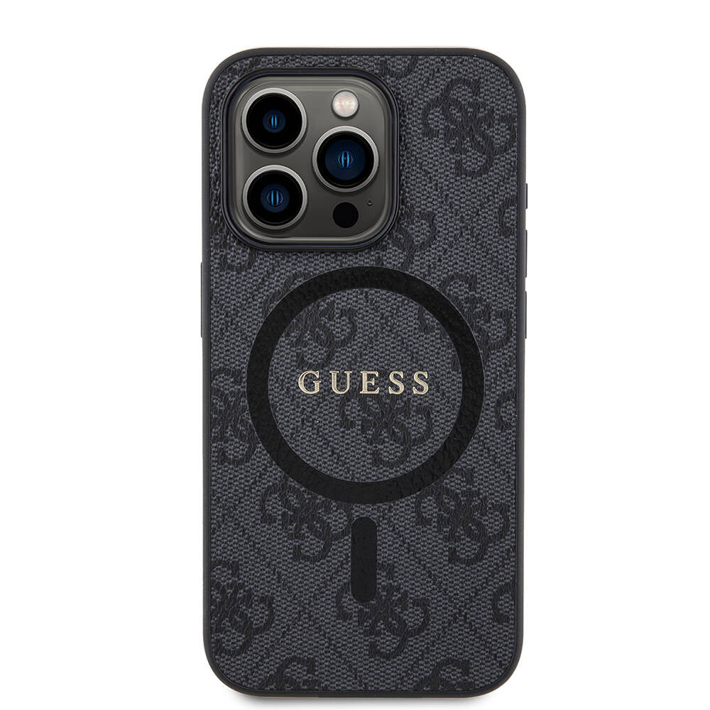 Guess iPhone 15 Pro Orjinal Lisanslı M-safe Şarj Özellikli PU Halkalı 4G Desenli Yazı Logolu Kılıf