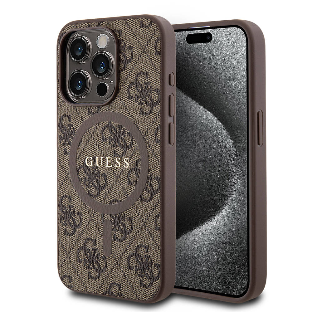 Guess iPhone 15 Pro Orjinal Lisanslı M-safe Şarj Özellikli PU Halkalı 4G Desenli Yazı Logolu Kılıf