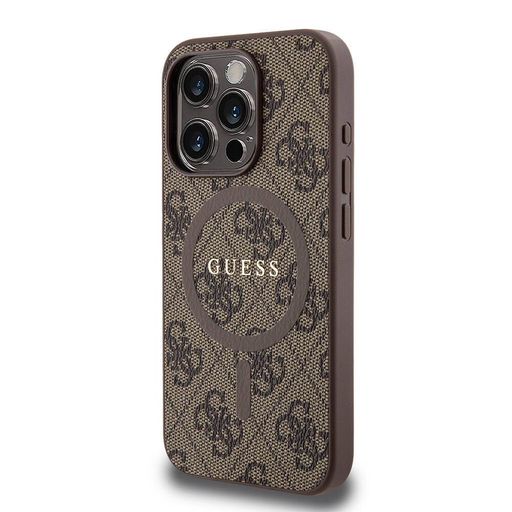 Guess iPhone 15 Pro Orjinal Lisanslı M-safe Şarj Özellikli PU Halkalı 4G Desenli Yazı Logolu Kılıf